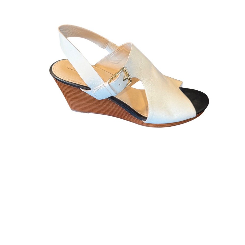 Cole Haan Womens White Leather Slingback Wedge Sandals Gold Buckle Peep Toe 9.5 - Picture 6 of 7